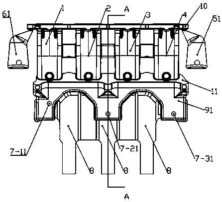 Combined type intake manifold aluminum alloy lower manifold casting blank and special mold thereof