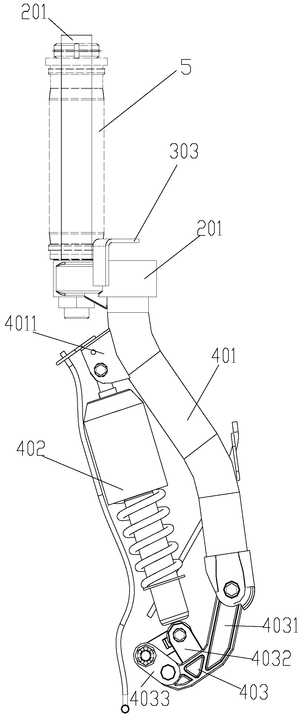 Eccentric type steering assembly and three-wheeled motorcycle