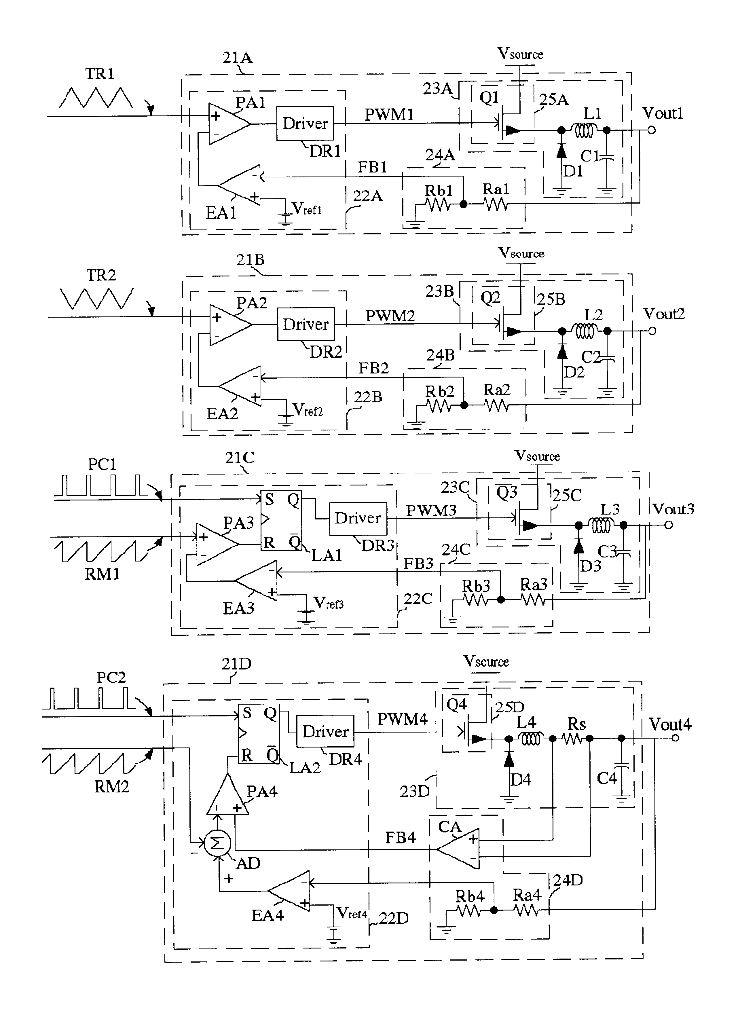 Method of improving transient noise of a switching DC-to-DC converter with multiple output voltages