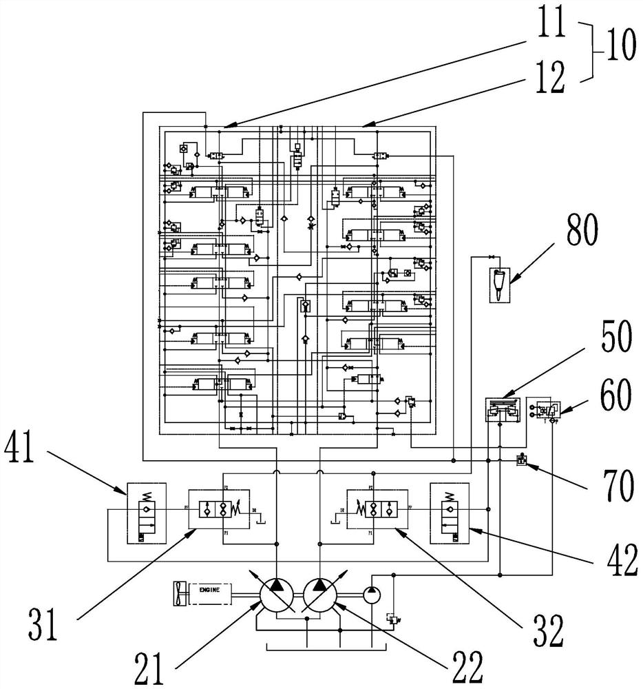 Valve outer confluence hydraulic system and excavator