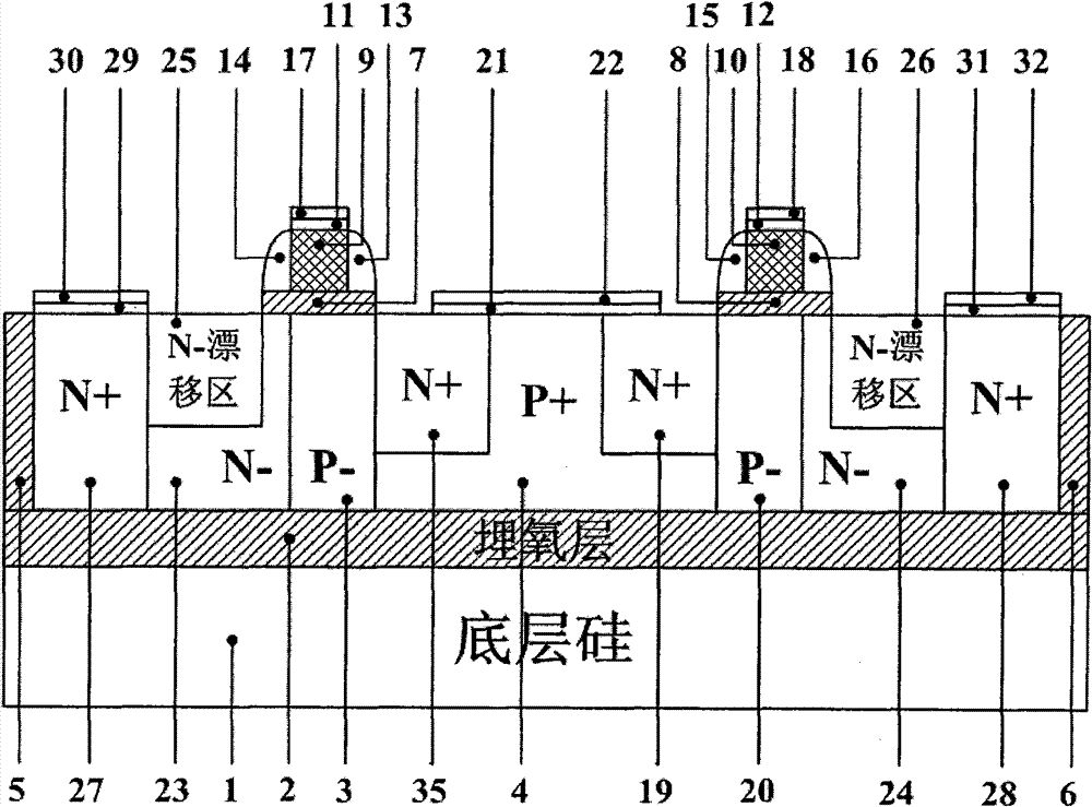 Radio frequency laterally diffused metal oxide semiconductor (LDMOS) device based on silicon on insulator (SOI) and method for injecting device