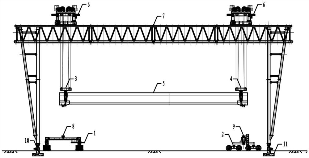 Construction method and construction equipment for a single-gantry crane span oblique angle drop beam