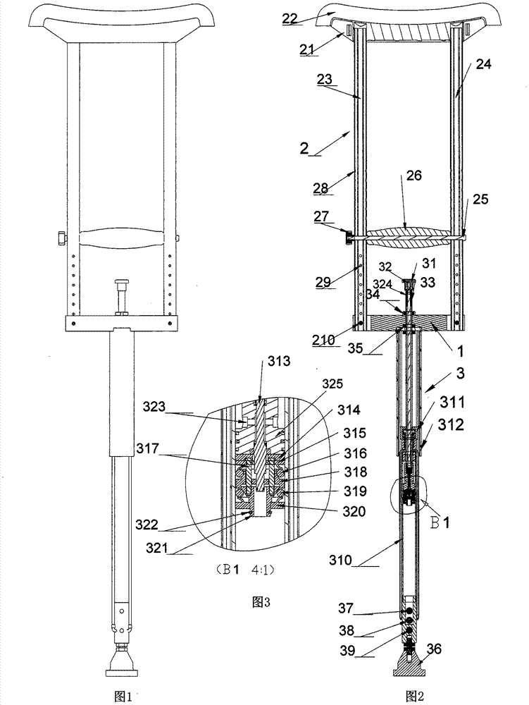 Telescopic crutches with purely mechanical push button switch for timely height adjustment