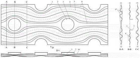 Streamline type variable wave amplitude parabolic corrugated fin of circular tube fin type heat exchanger