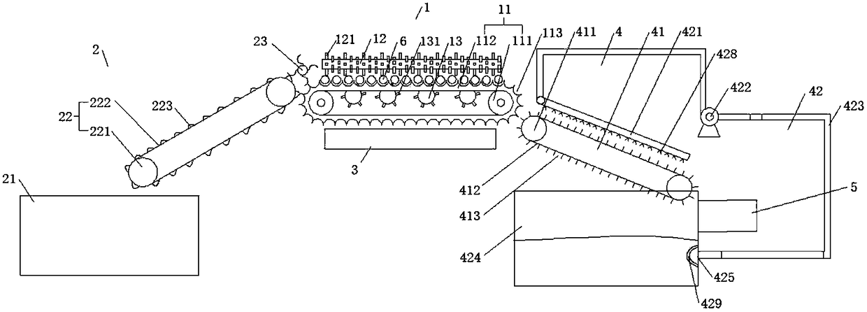 Continuous type sugarcane leaf peeling structure and leaf peeling production line with leaf peeling structure