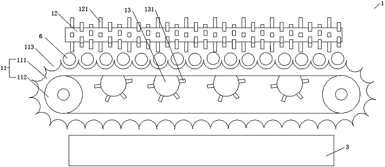 Continuous type sugarcane leaf peeling structure and leaf peeling production line with leaf peeling structure