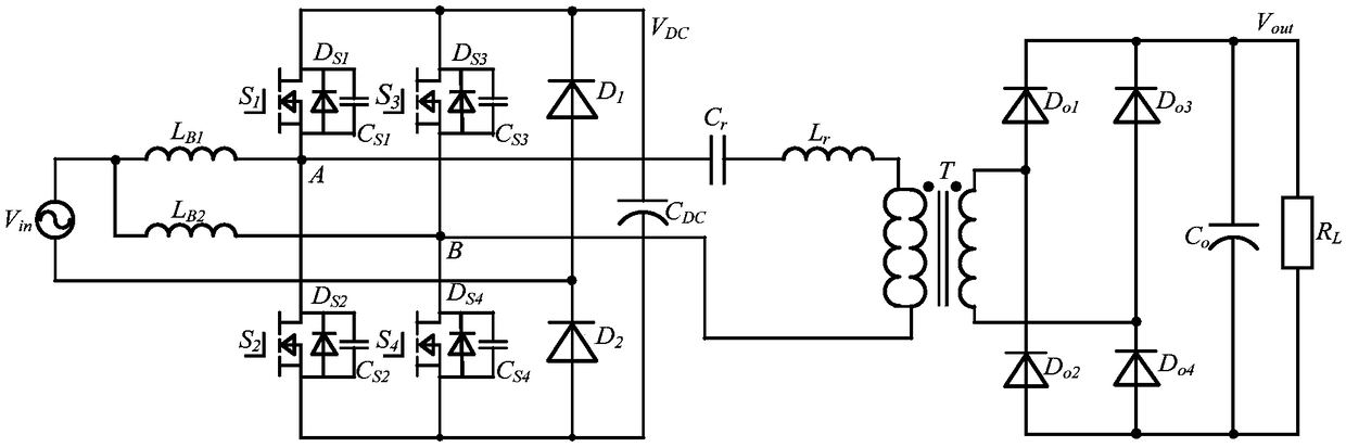 Single-stage type isolated AC-DC converter based on interleaved bridgeless PFC circuit and LLC resonance