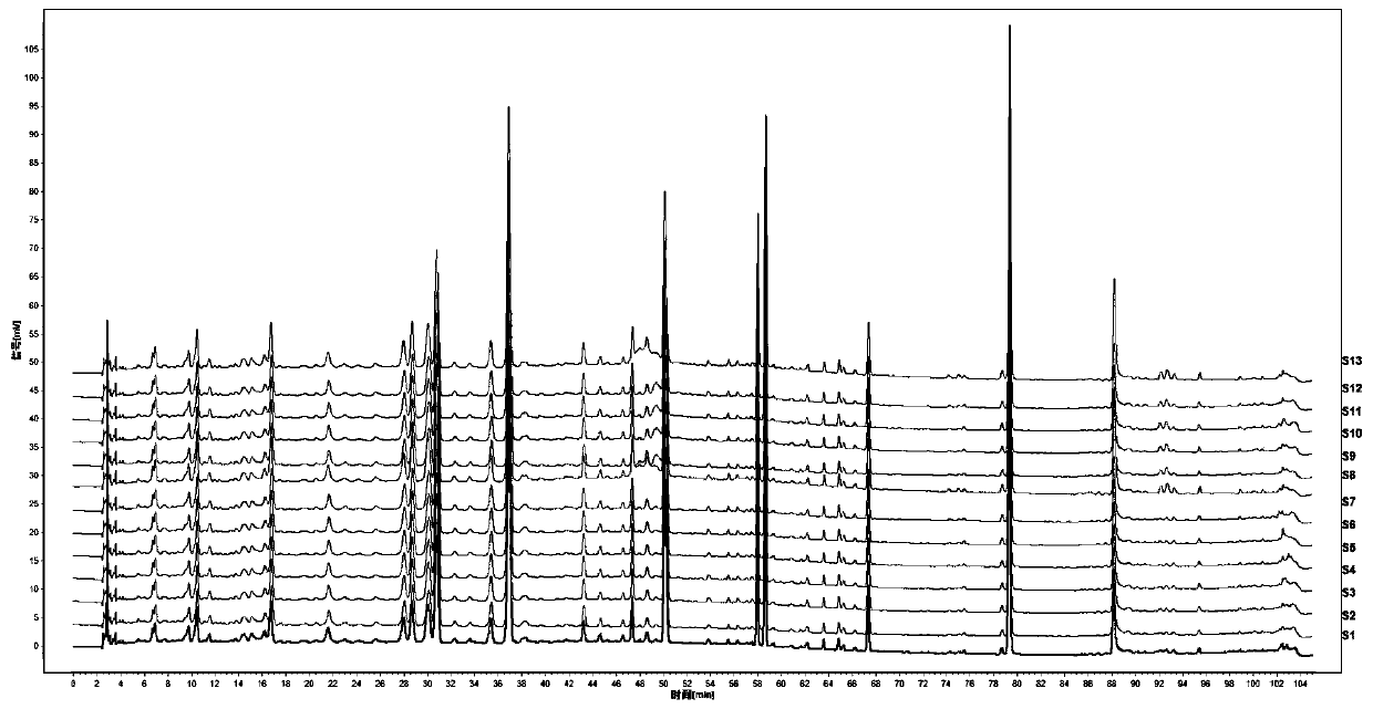 Method for constructing HPLC (high performance liquid chromatography) fingerprint spectrum of medicinal leaves and twigs of rhododendron mariae