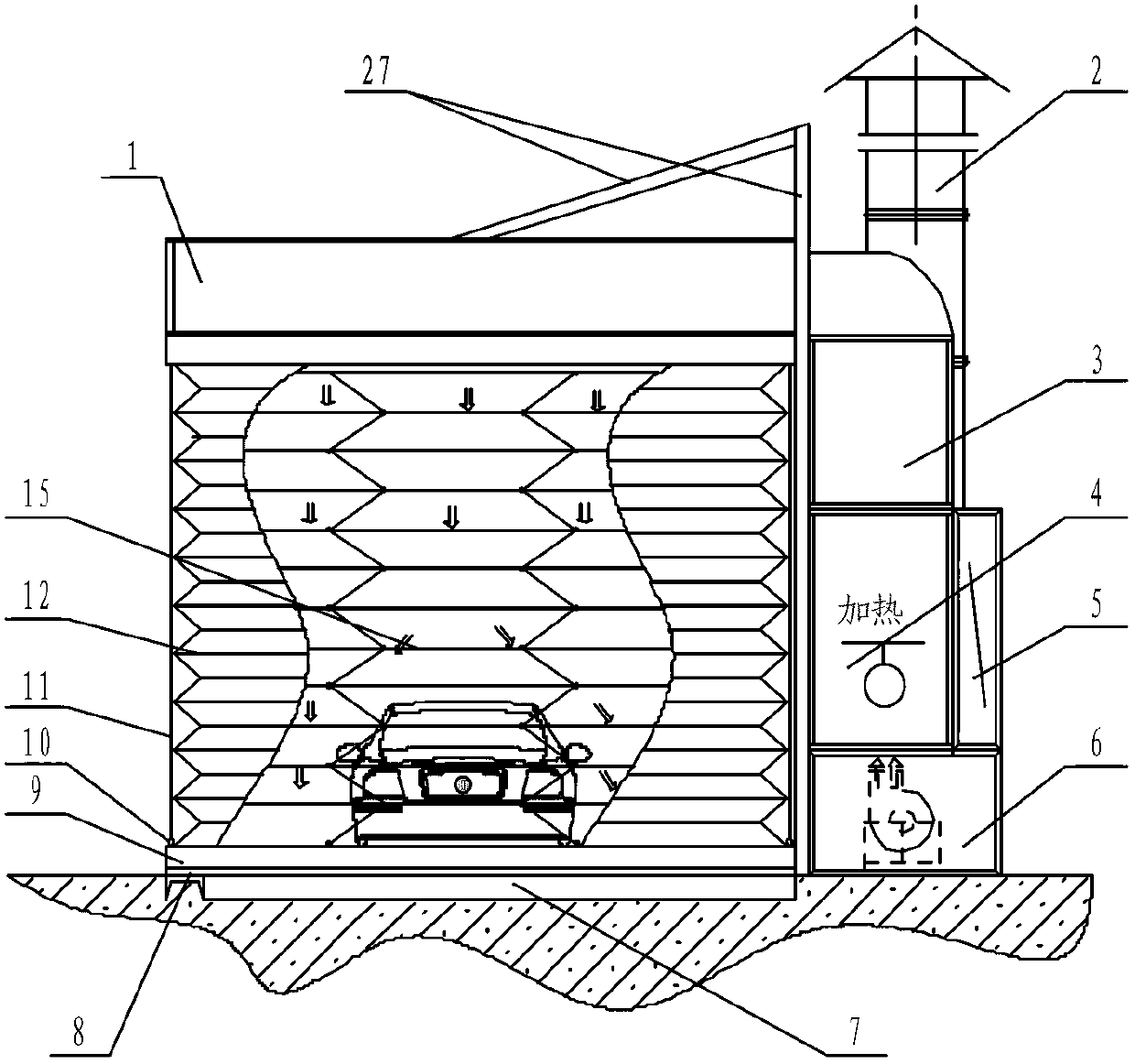 Suspension type automatic lifting type spraying and baking integrated house