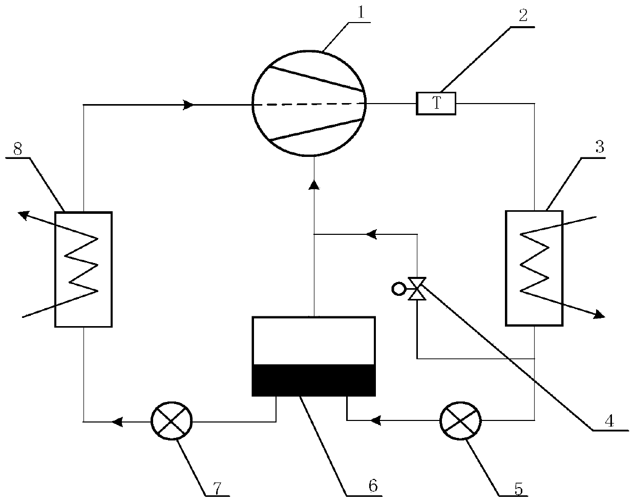 Method for cooperatively cooling high-pressure ratio refrigeration compressor by diverted gas and liquid jointly entering gas supplementing port