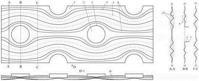 Round tube, tube and fin heat exchanger with streamlined variable-amplitude broken-line corrugated fins