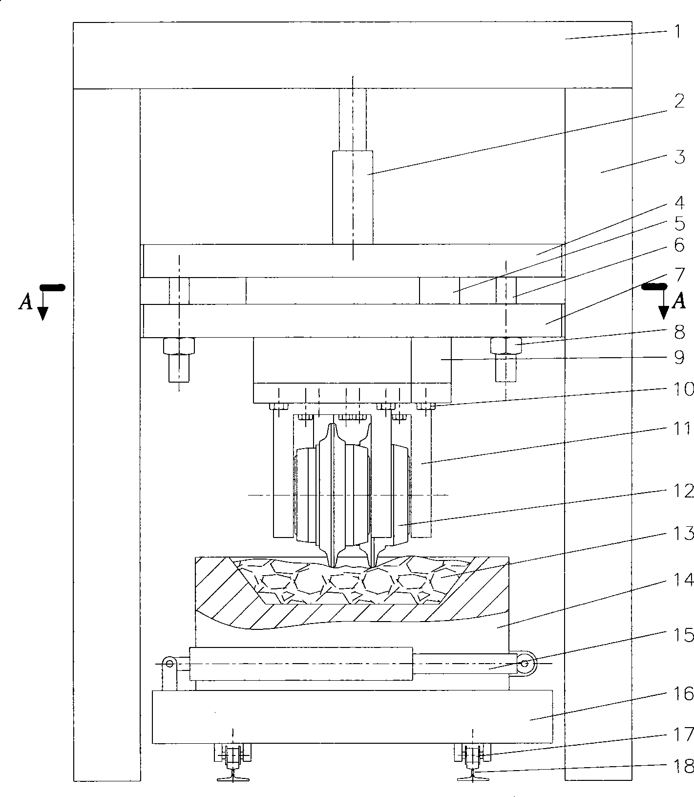 Adjustable multi-hob rock cutting fragmentation test means