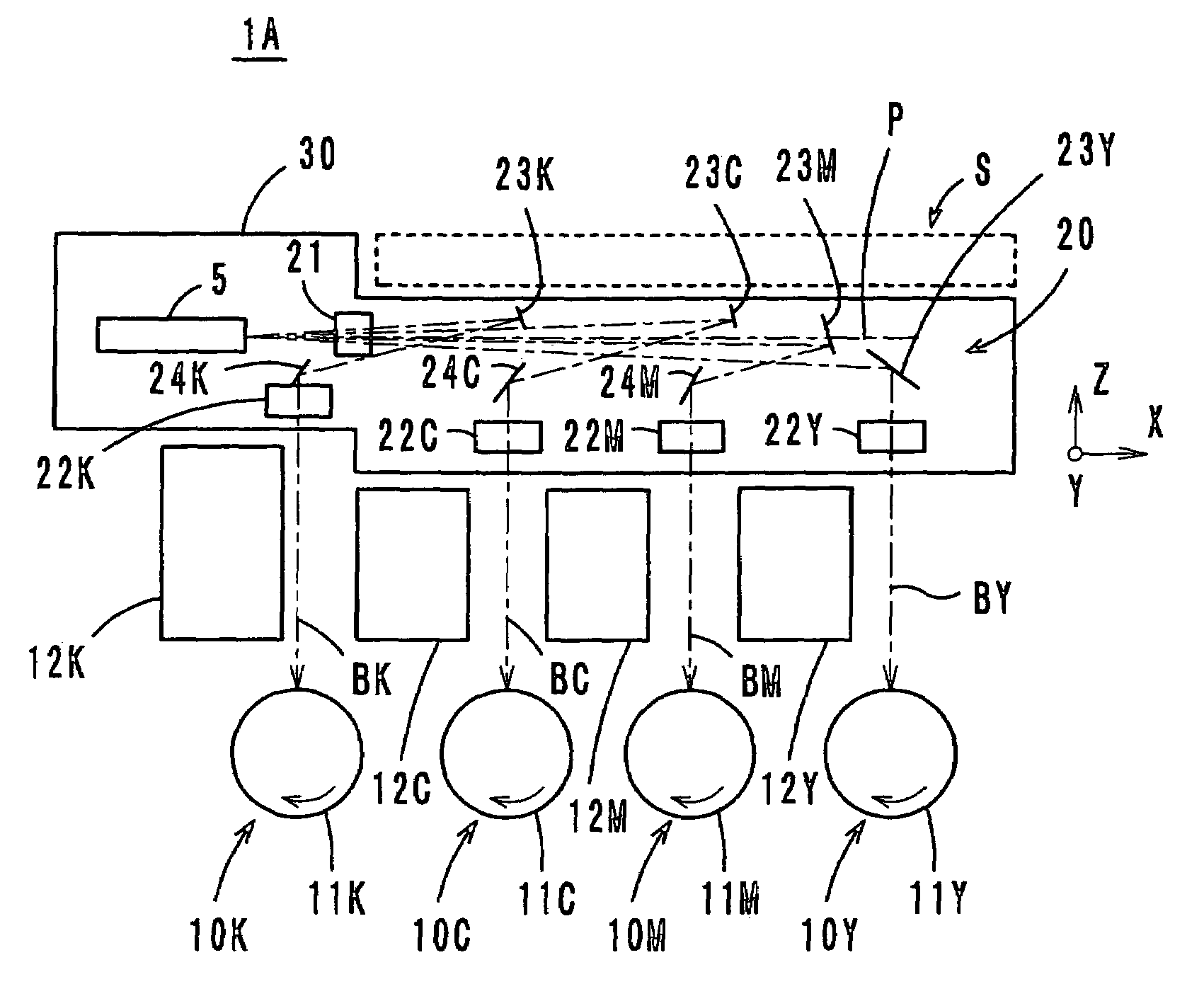 Laser scanning optical apparatus having exclusive optical elements at varying distances from receiving surfaces