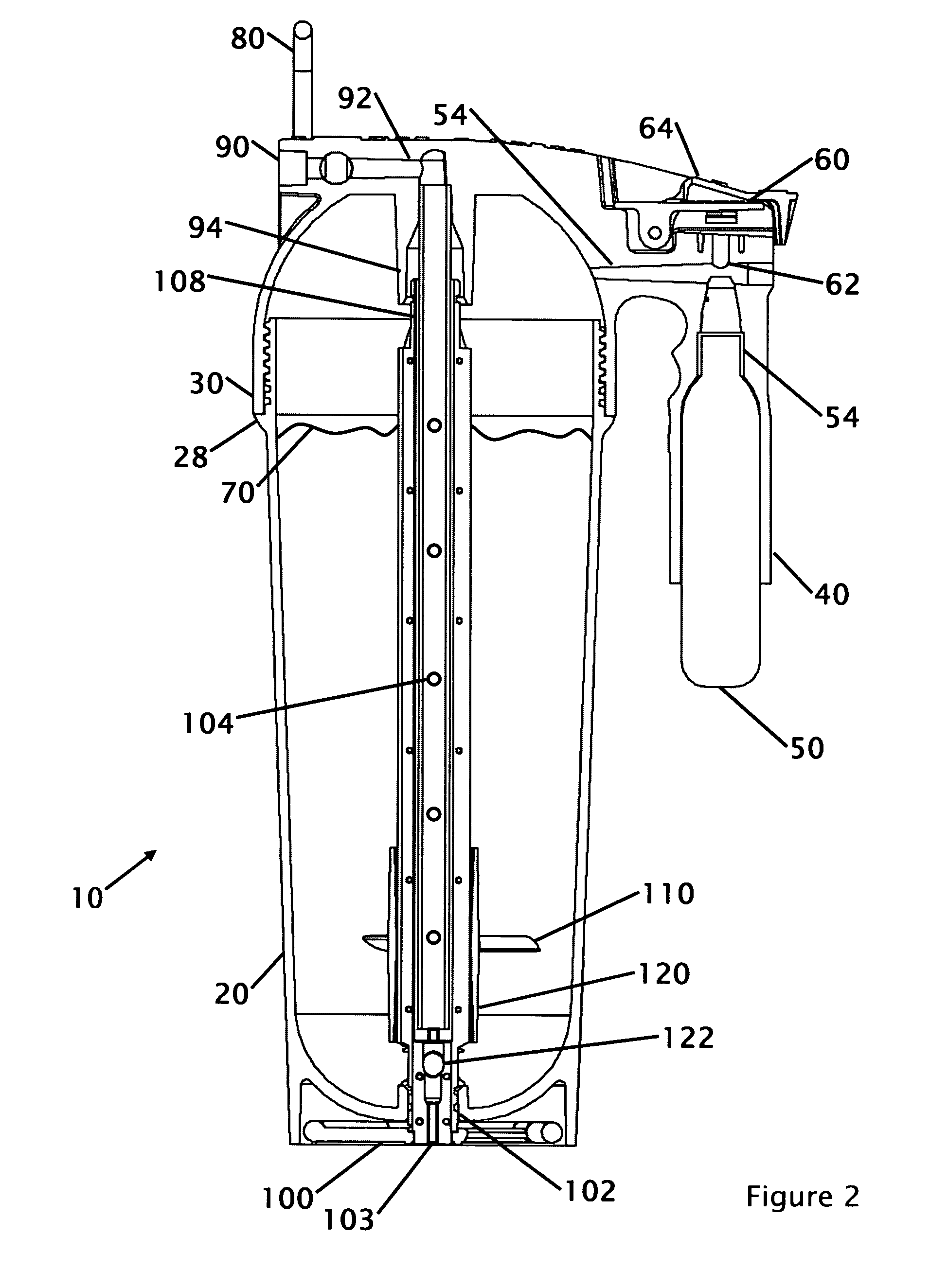 Self servicing fire extinguisher with external operated internal mixing with wide mouth and external pressurized canister