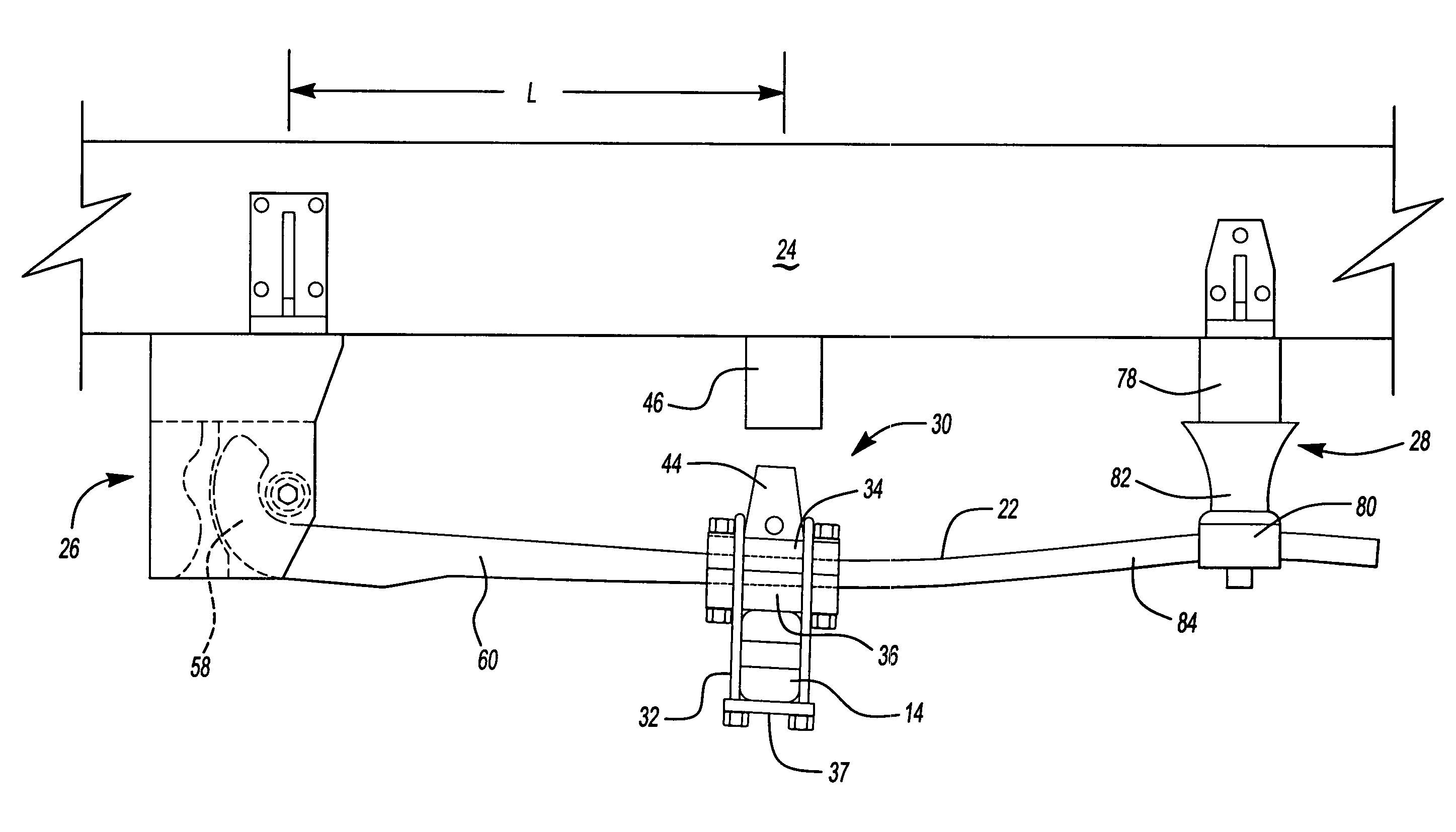 Attachment arrangement for a composite leaf spring which accommodates longitudinal movement through shear displacement