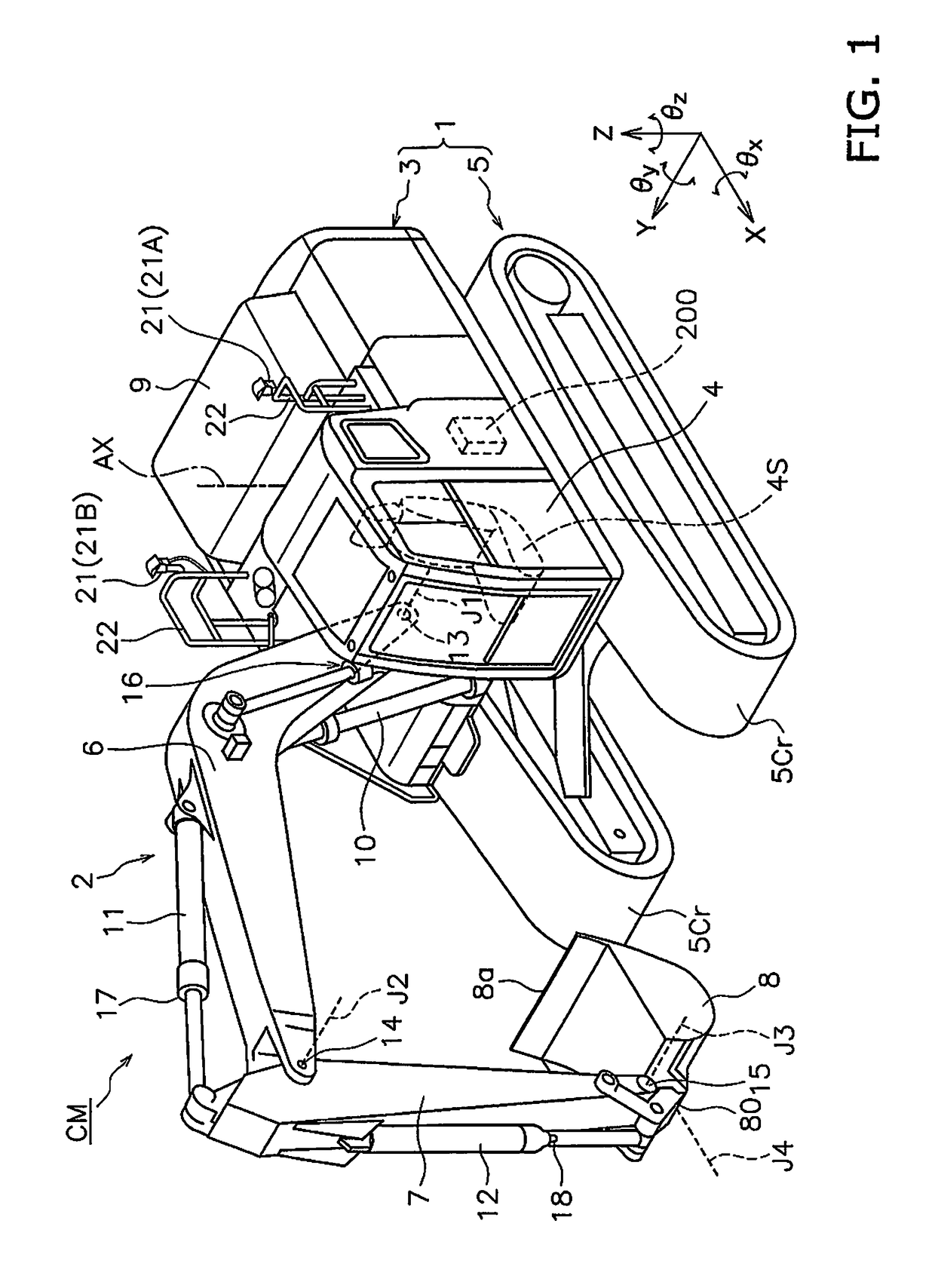 Work vehicle, bucket device, and method for obtaining tilt angle