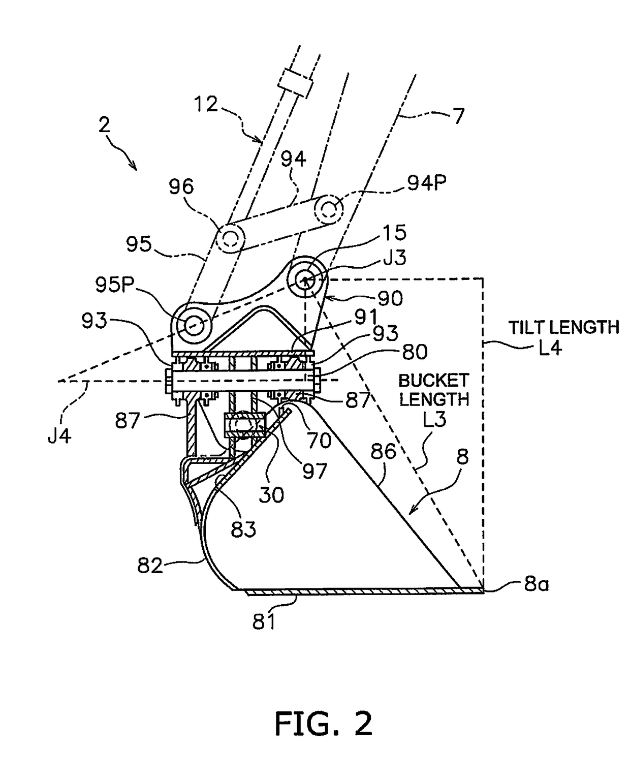 Work vehicle, bucket device, and method for obtaining tilt angle