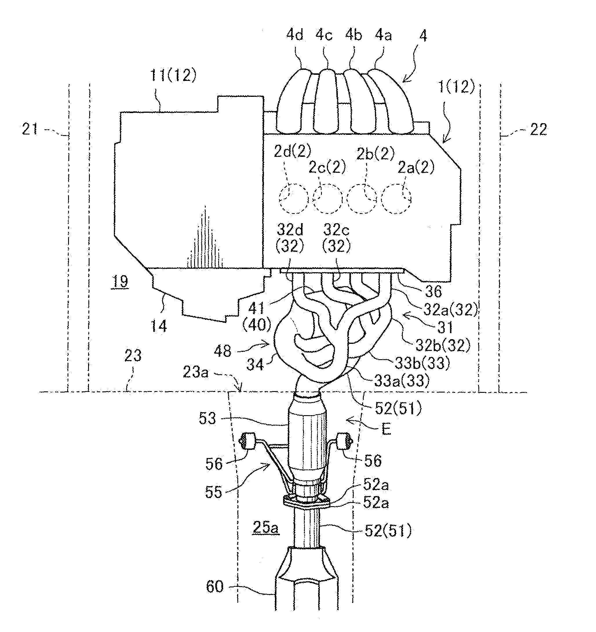 Exhaust apparatus for transverse engine