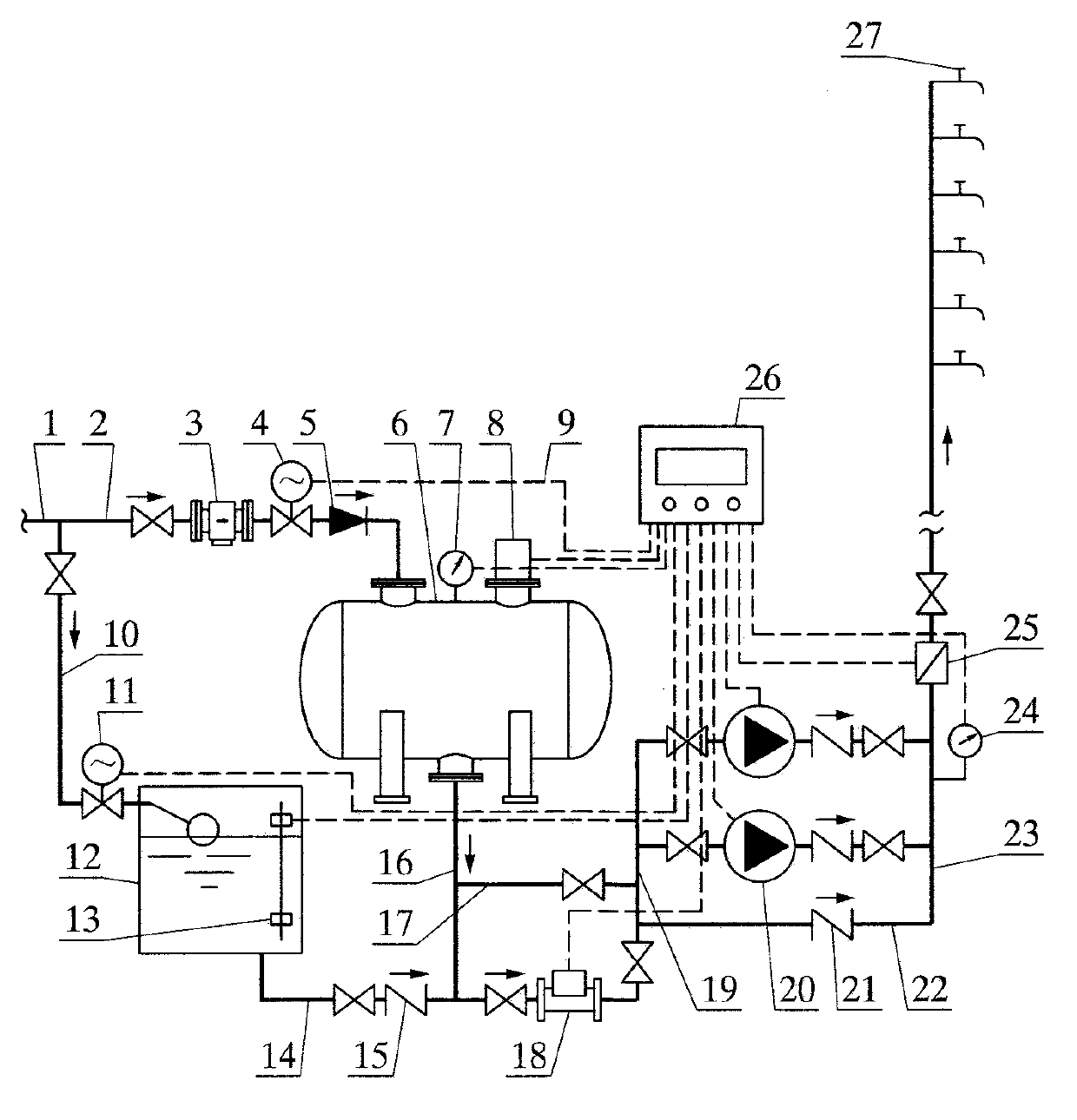 Parallel regulating water tank pipe network pressure-superposed water supply device