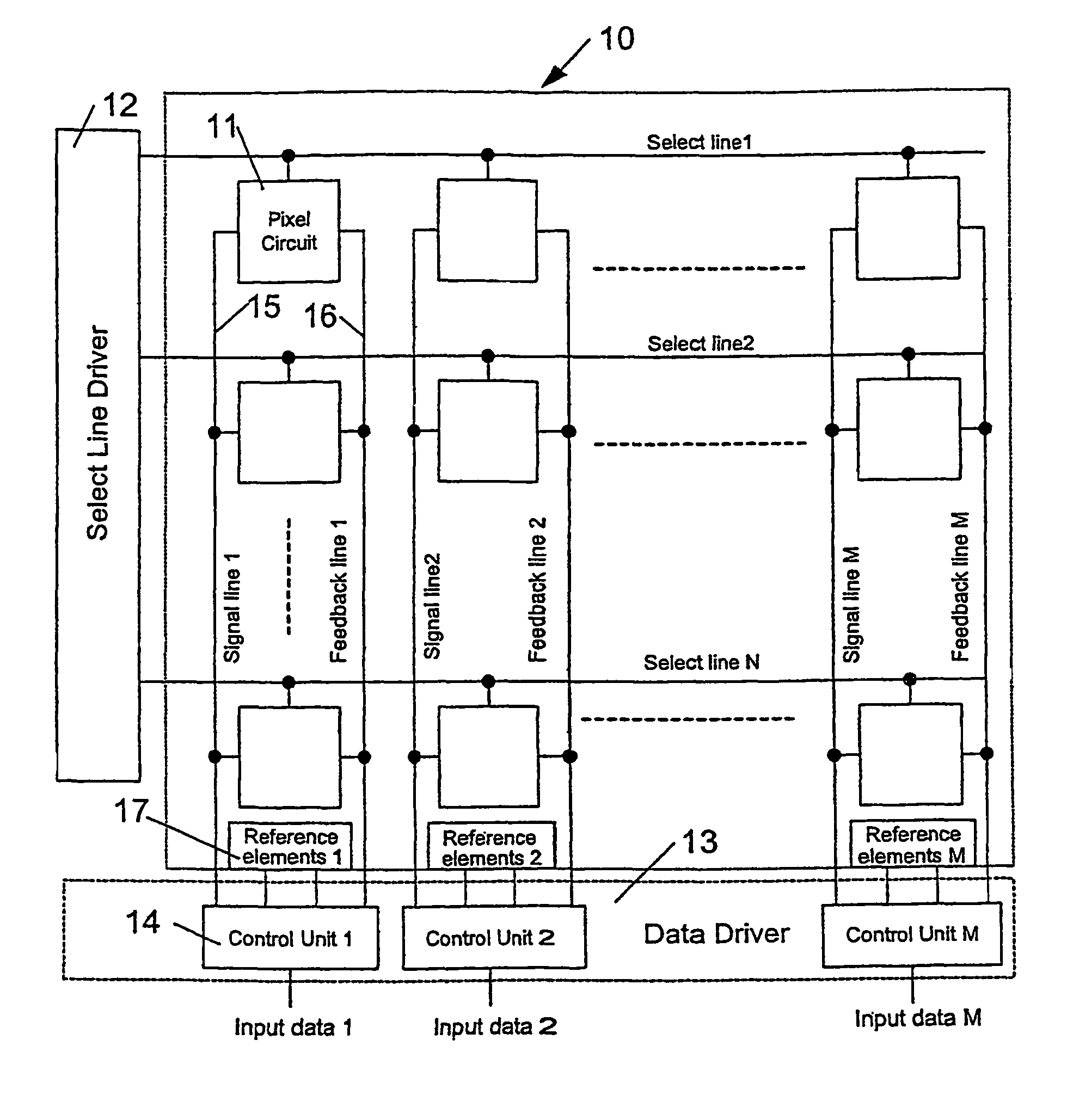 Circuit and method for driving an array of light emitting pixels