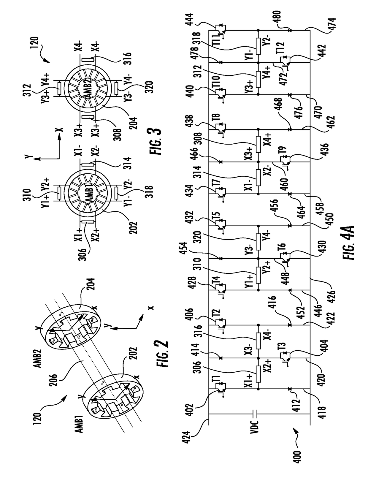 Multiple-axis magnetic bearing and control of the magnetic bearing with active switch topologies