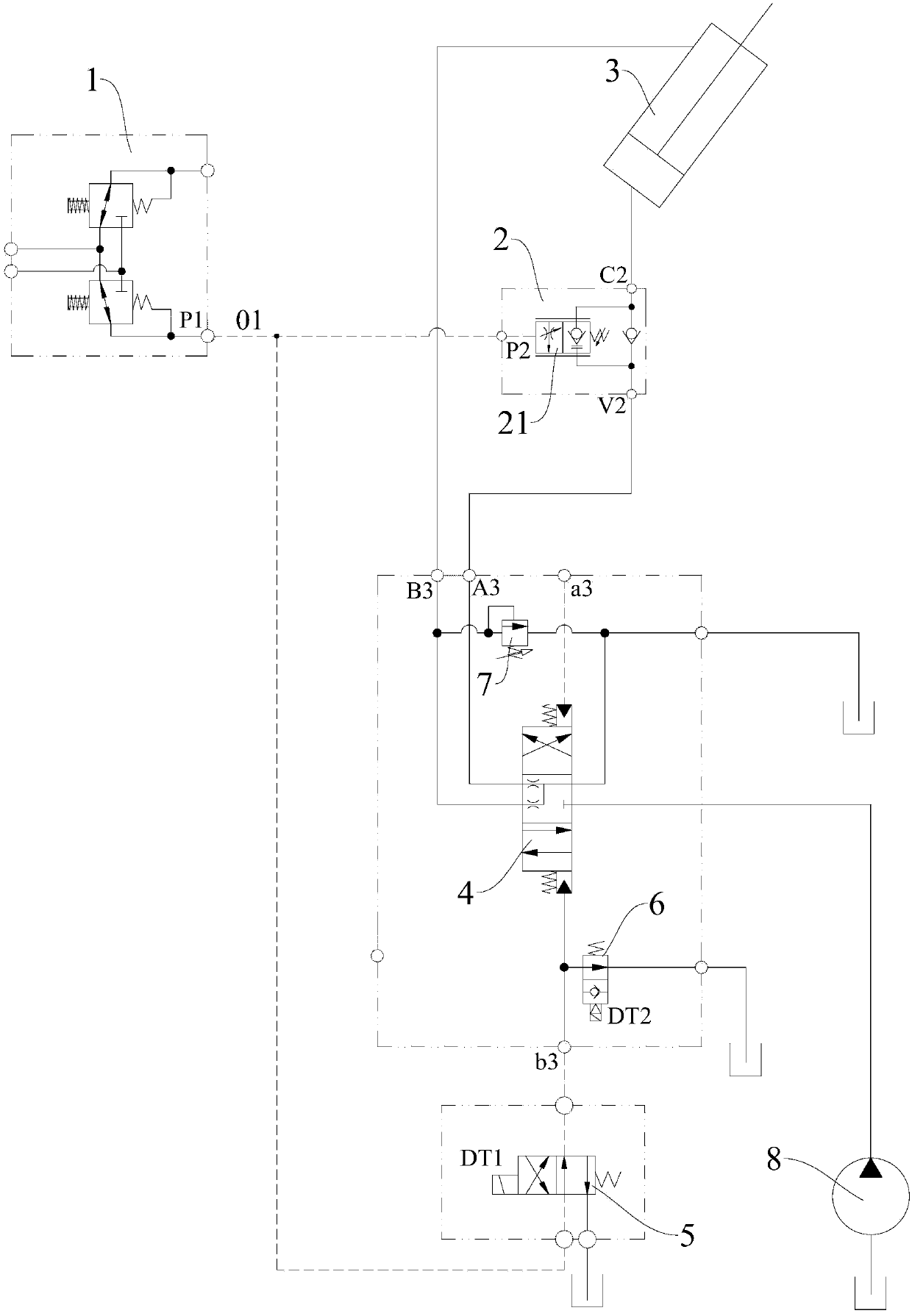 Amplitude falling hydraulic system and engineering machinery