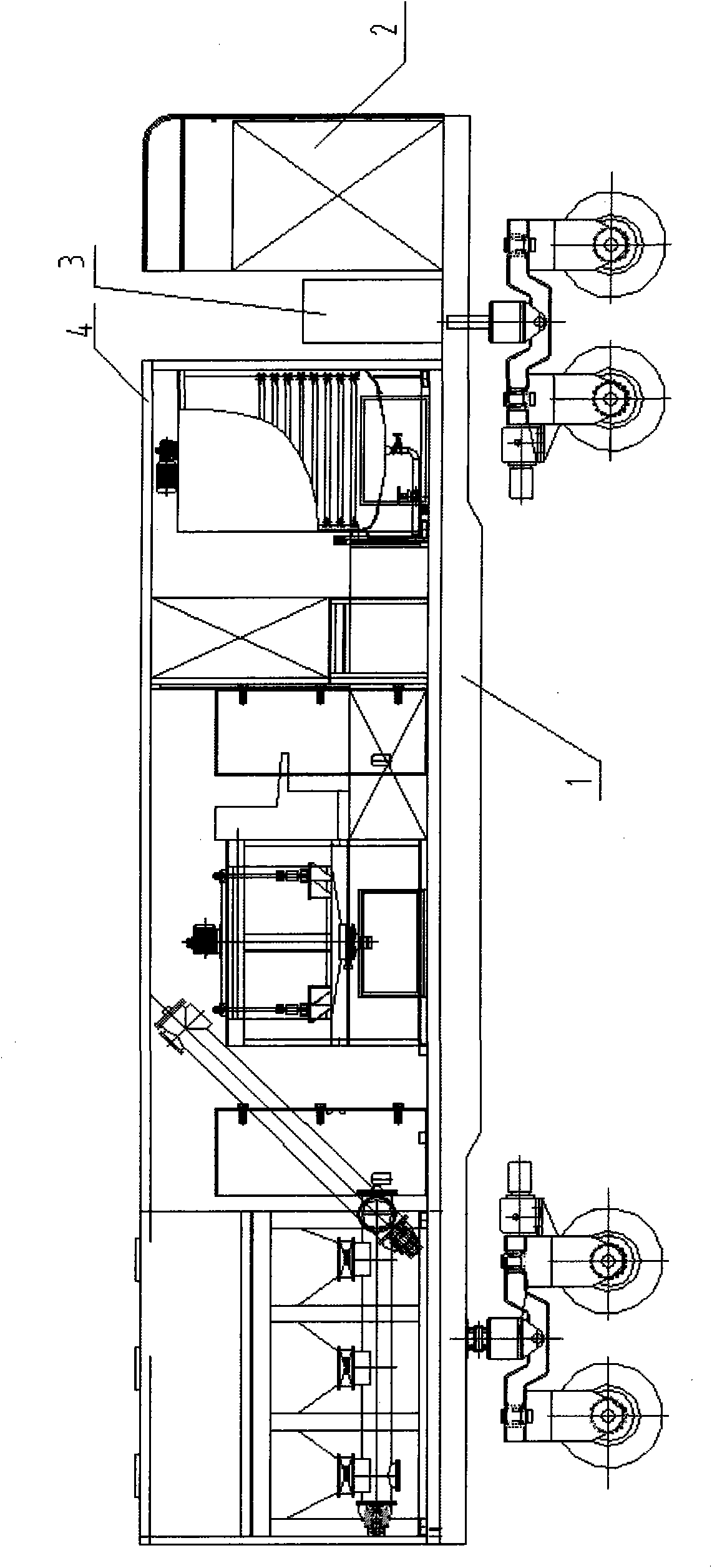 Tire type online traveling cement-emulsified asphalt mortar stirring and pouring vehicle