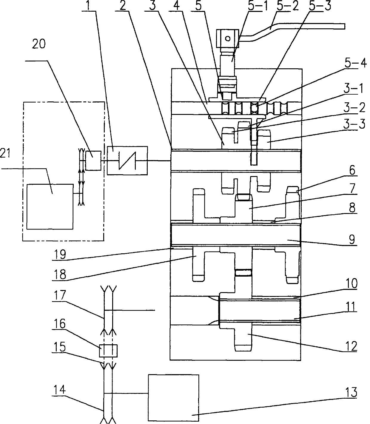 Three-speed variable transmission device for threshing cylinder of semi-feeding rice and wheat combine harvester