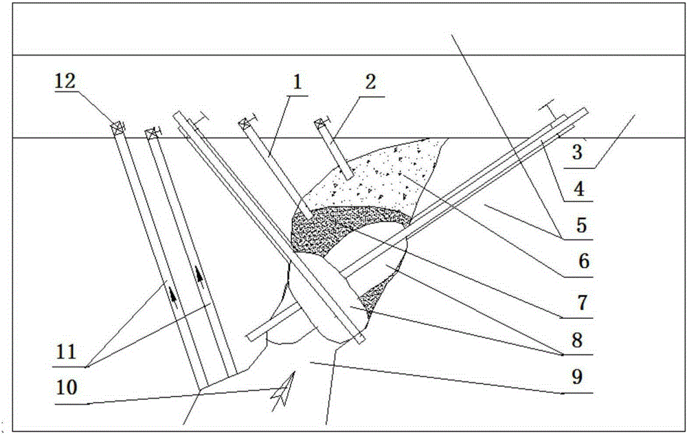 Bridging plugging device in hidden-type deep, long and large cave and governance method for water burst plugging