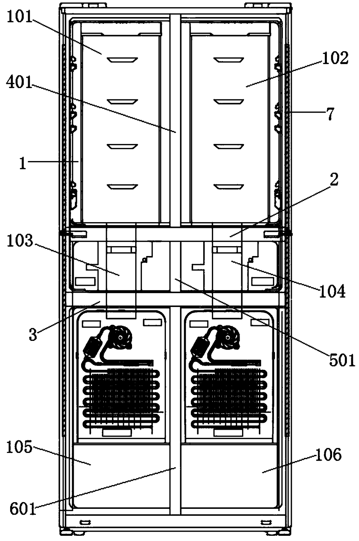 Six-door refrigerator with thin-wall structure