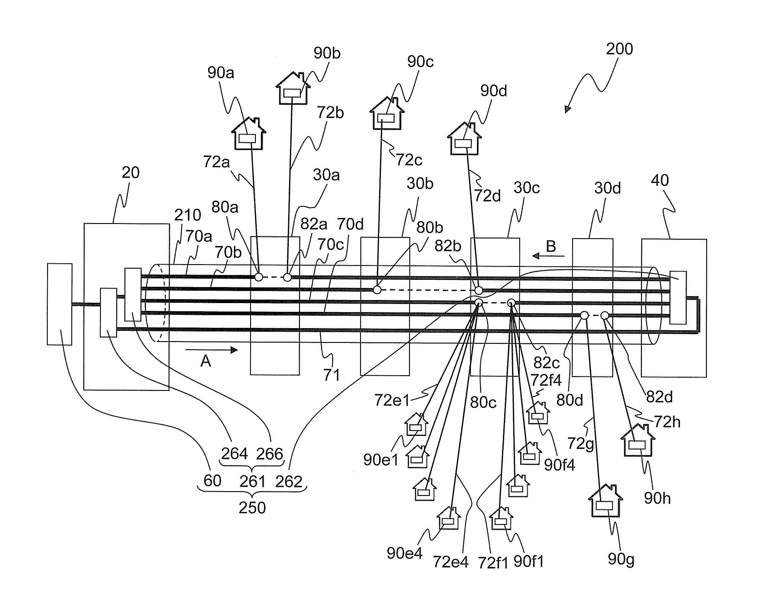 Optical fiber cable network and method of construction of an optical fiber cable network