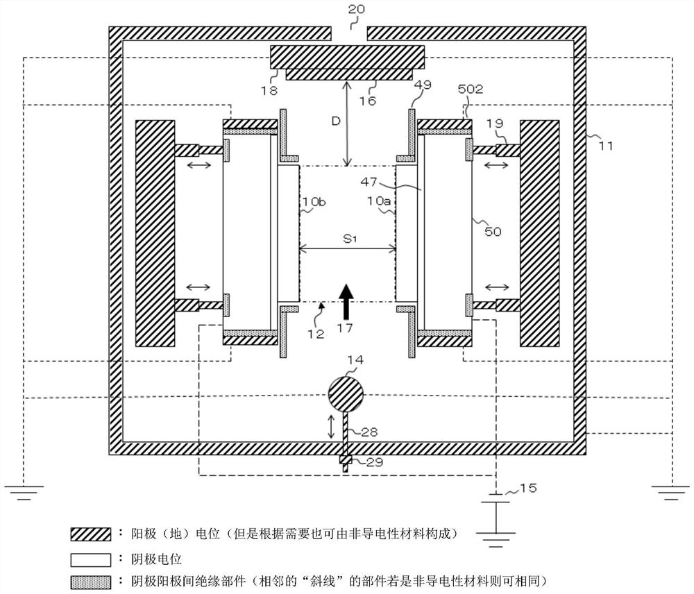 Gas flow sputtering device, target for gas flow sputtering, and manufacturing method of sputtering target raw material