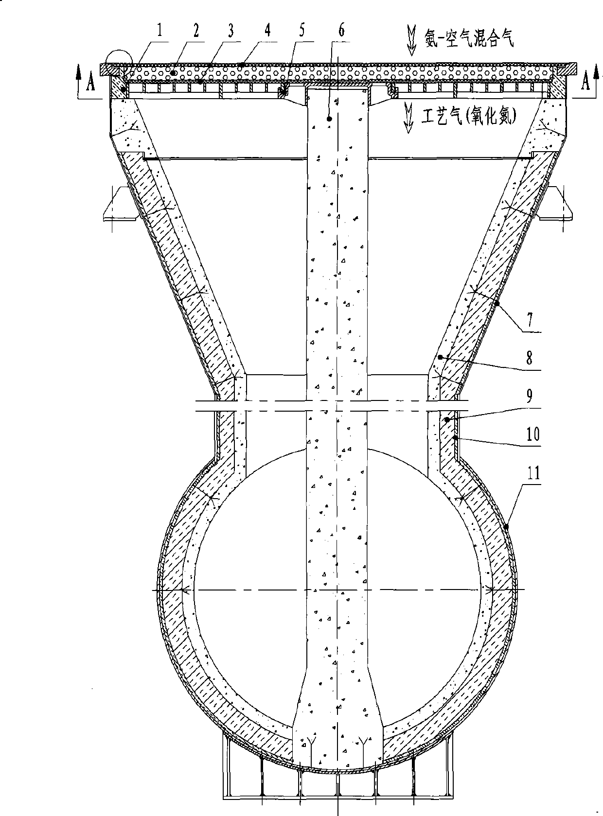 Ammoxidation furnace formed by novel platinum net brace that is catalyst basket and support structure thereof