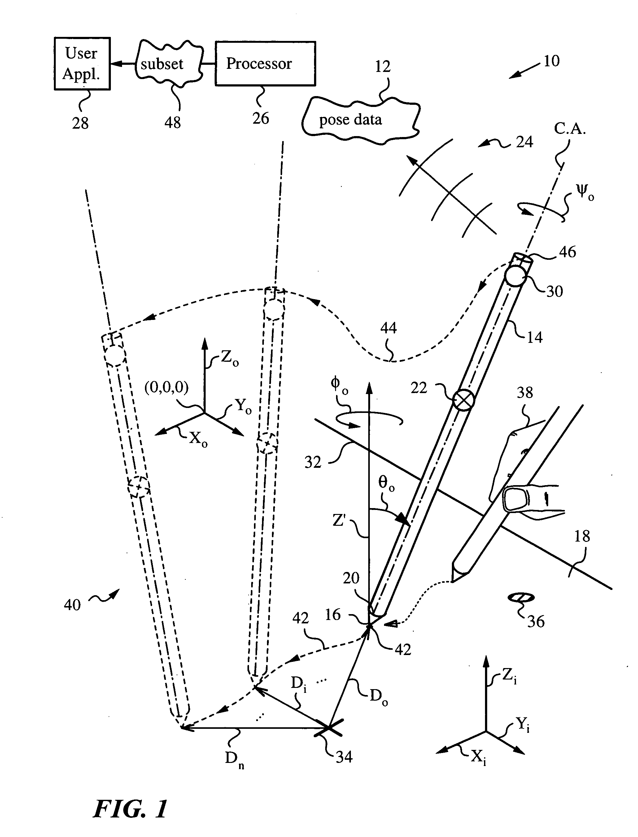 Processing pose data derived from the pose of an elongate object