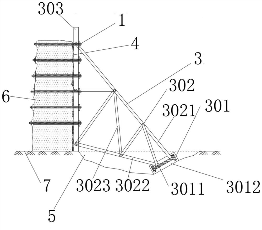 Supporting-anchoring composite reinforcing structure and method for rammed earth wall