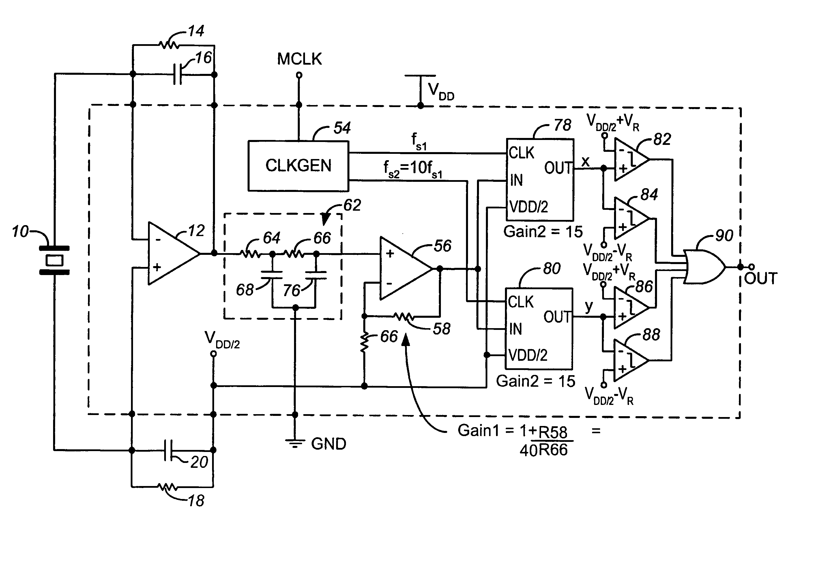 Shock detector with DC offset suppression using internal components