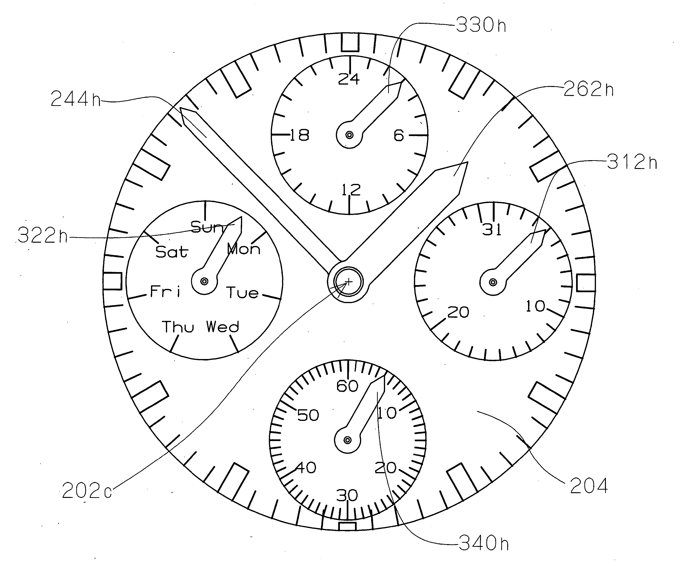 Multifunction timepiece having fan shape moving hand train wheel and fan shape moving hand train wheel apparatus