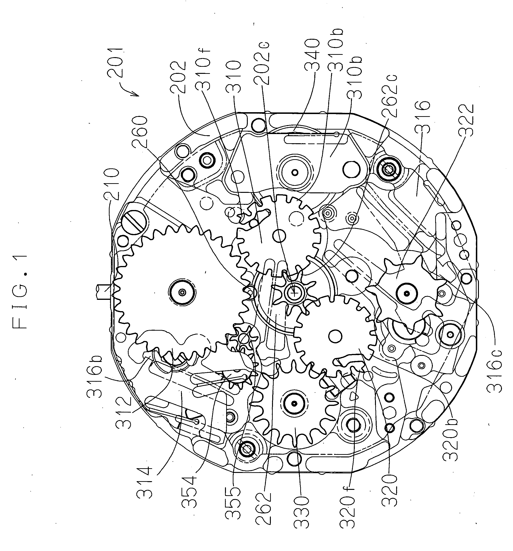 Multifunction timepiece having fan shape moving hand train wheel and fan shape moving hand train wheel apparatus