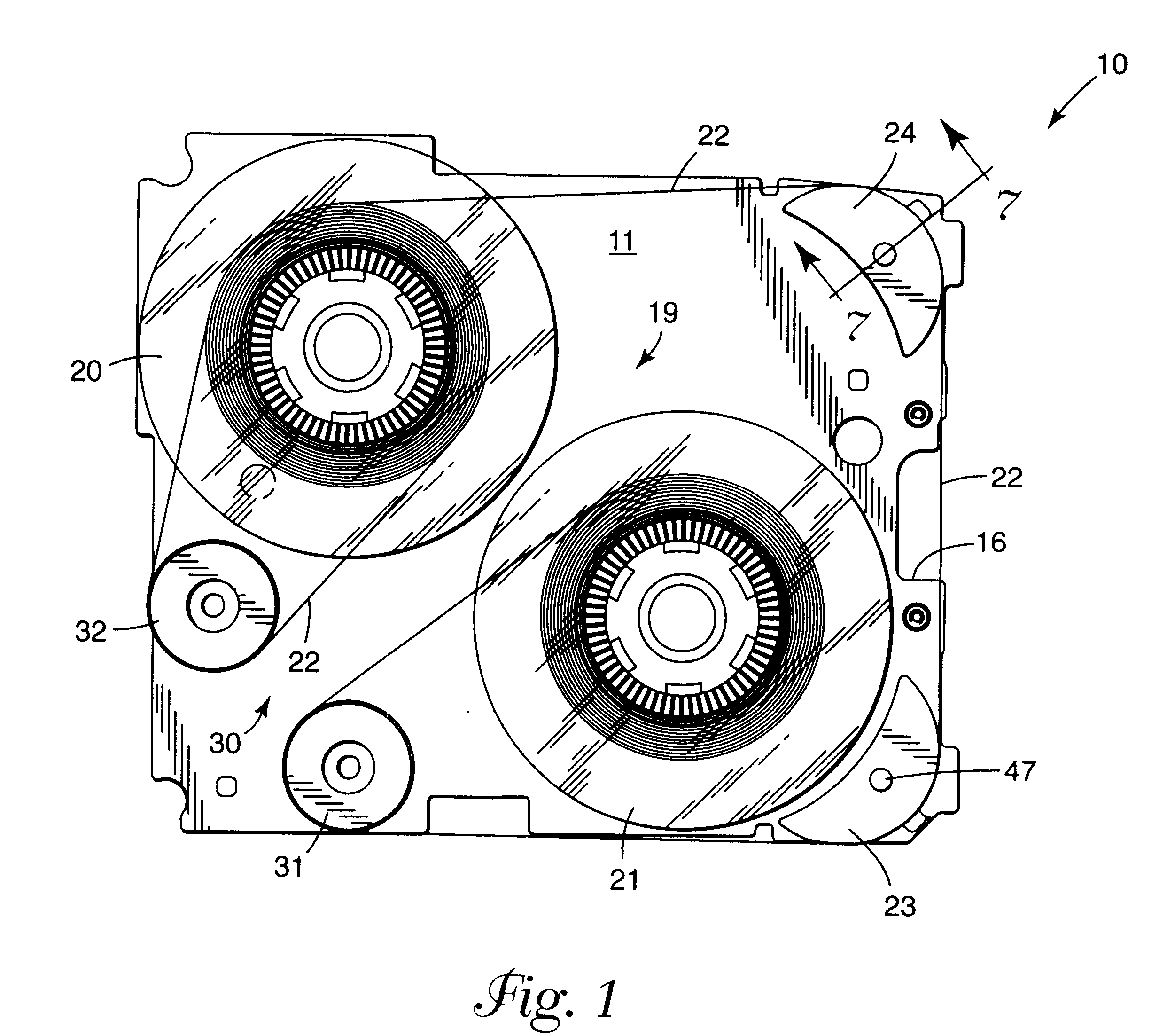 Data storage tape cartridge with guide having wear pattern