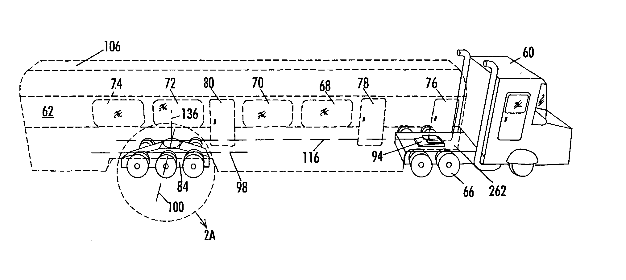 Modular passenger semi-trailer with pneumatic unipoint suspension