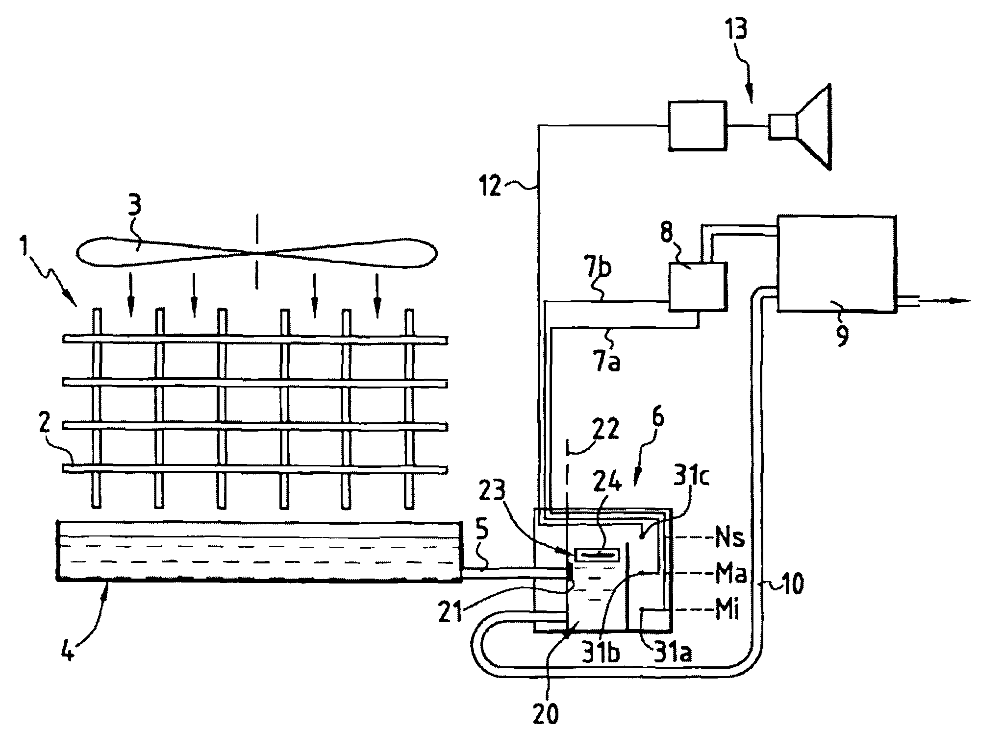 Device for controlling a condensate lift pump, and corresponding capacitive detector and system