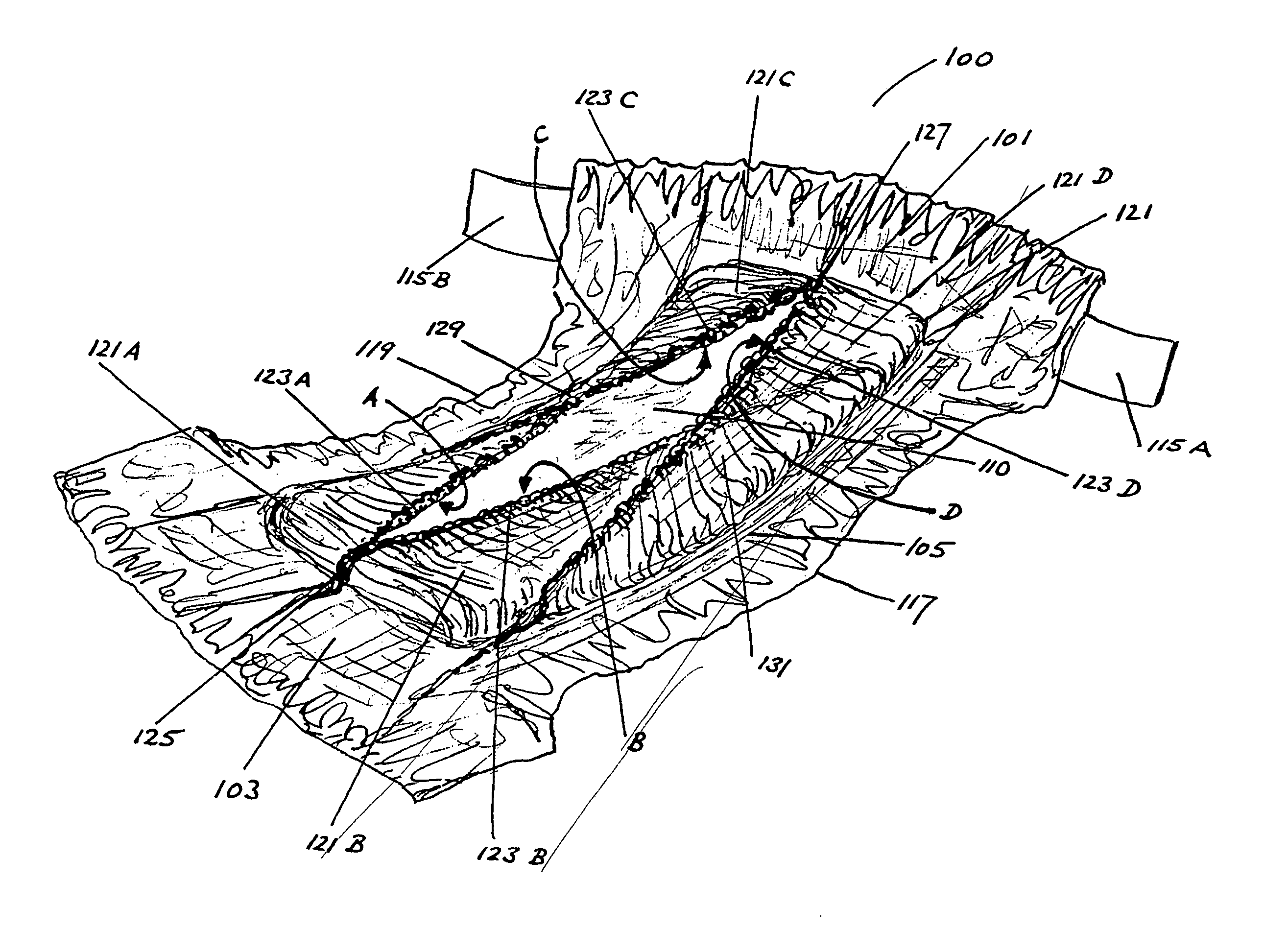 Disposable elastic absorbent article having retaining enclosures