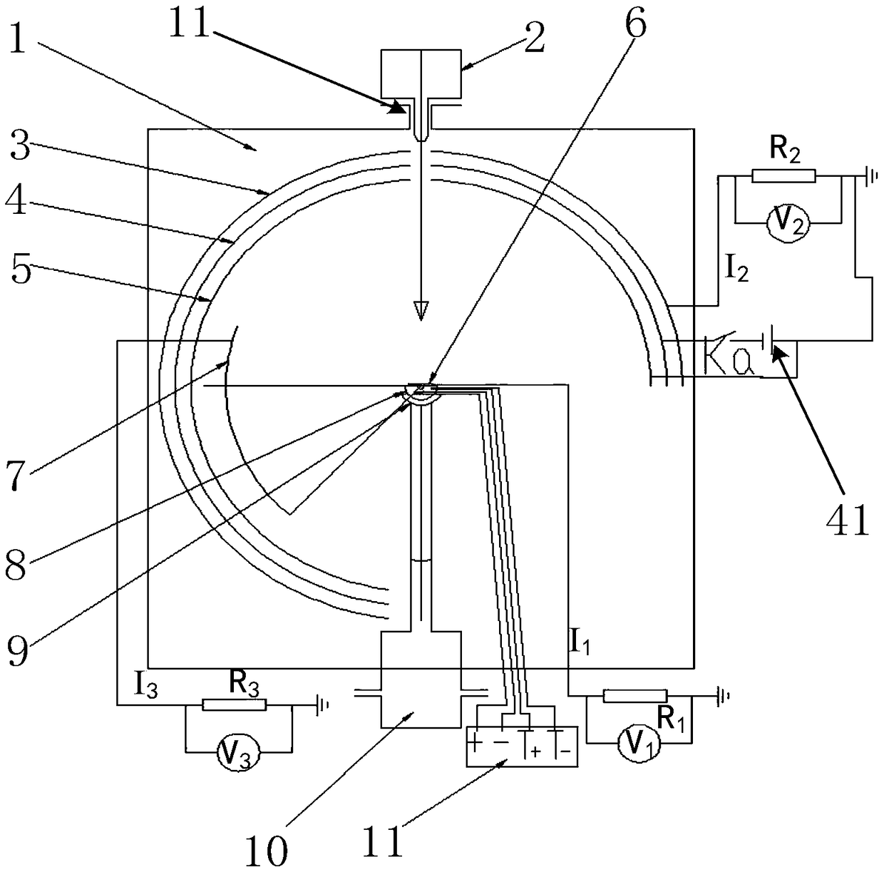 Measuring device and method for secondary electron characteristic parameters of material in low and high-temperature environments