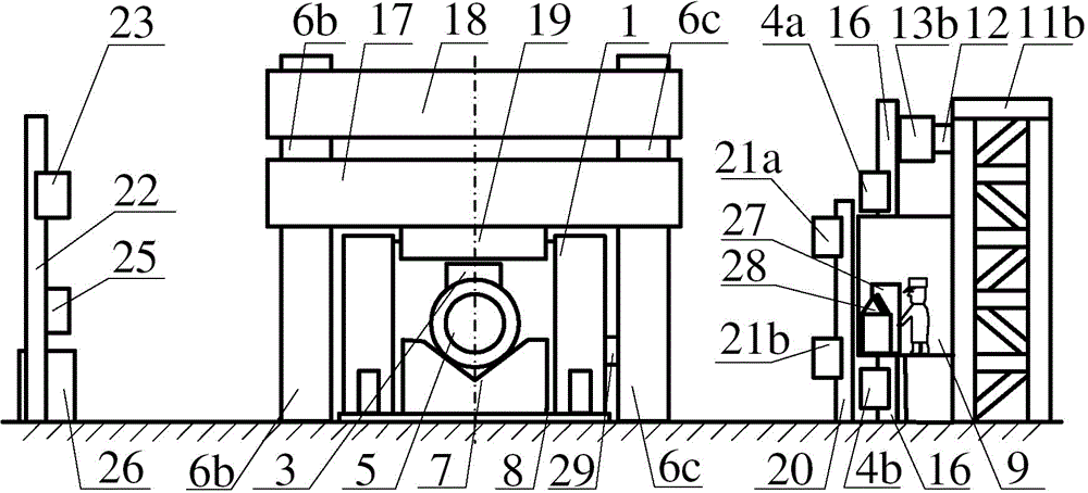 On-line measuring device and method for large free forging size