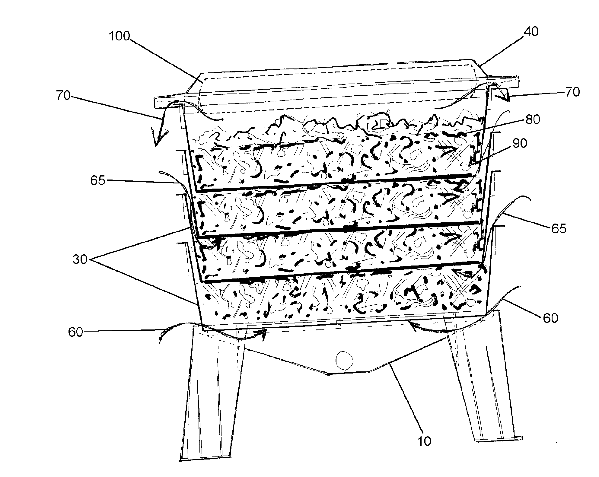 Multiple tray vermicomposter with thermal siphon airflow