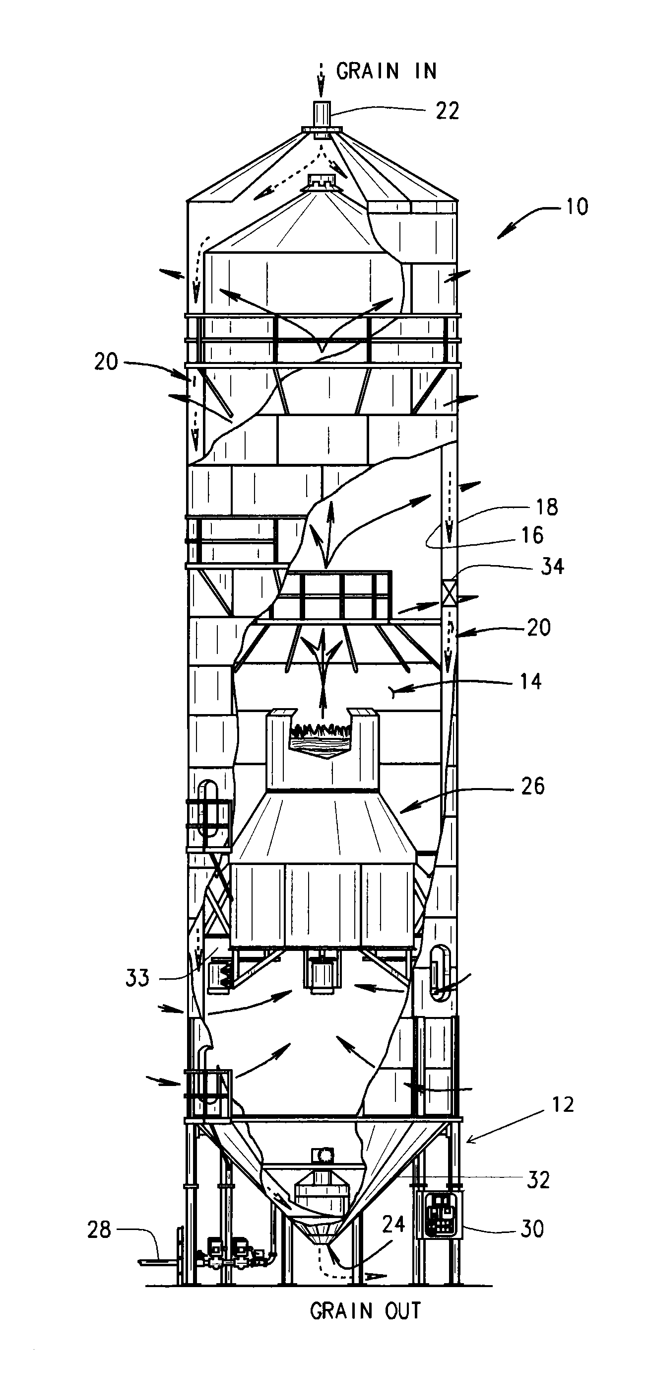 Grain turner for tower grain dryer and method of drying