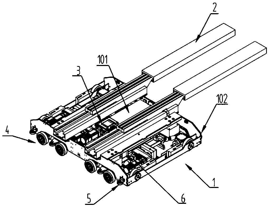 Low-energy-consumption fork type four-way shuttle vehicle