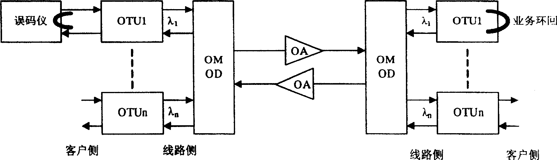 Optical convering unit, transmission system for wavelength division multiplexing and error-code testing method