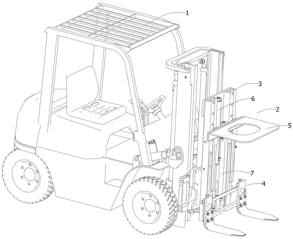 Fork stabilizing device for forklift and forklift