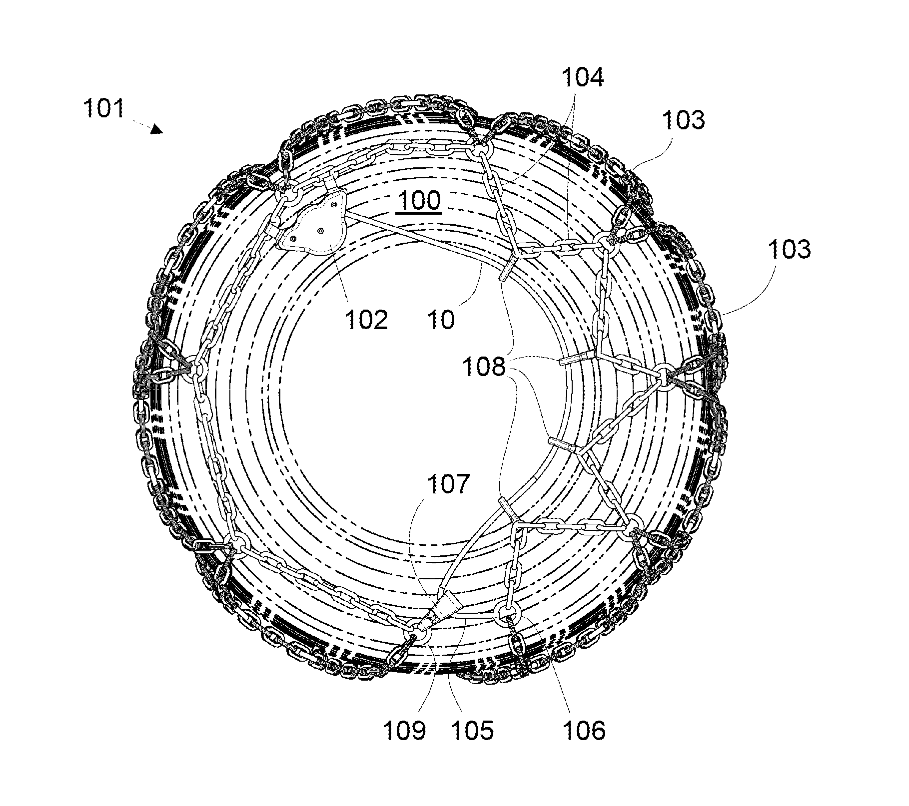 Tension device for a nonskid chain